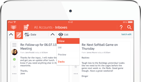 MailDeck lets you view your Inbox as tiles, in cover flow format, or a standard list.