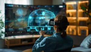 Person using Apple Vision Pro in a sleek, modern living room.