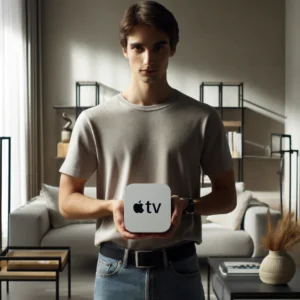 Person holding an Apple TV in their living room