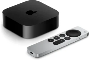 Apple TV 4K and Apple TV Remote from the side