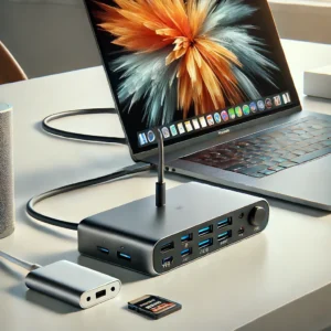 A sleek, modern MacBook Pro docking station with multiple ports, including USB-C, USB-A, HDMI, and an SD card slot, positioned on a minimalist desk with a connected MacBook Pro displaying its screen.