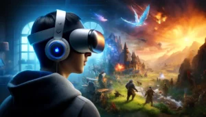 A person wearing an Apple Vision Pro headset, immersed in a vibrant gaming environment featuring a medieval battlefield, space exploration scene, and futuristic cityscape, highlighting the headset's sleek design and advanced technology.