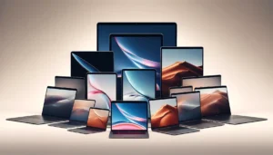 An image displaying three MacBook Air laptops of different sizes. From left to right, there is an 11-inch, a 13-inch, and a 15-inch MacBook Air. All laptops are shown from the front with their screens open, highlighting their sleek and thin design against a minimalistic background.