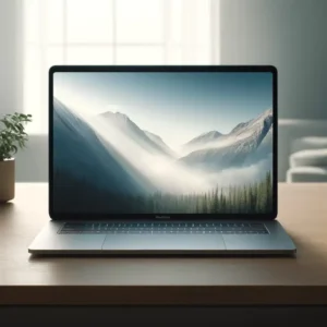 A sleek new MacBook laptop with a minimalist design, open on a wooden desk. The screen displays a high-resolution image of a serene mountain landscape. The MacBook has a silver finish, a clean and slim profile, and a backlit keyboard. The background includes soft natural light coming through a window, and a small potted plant is beside the laptop.