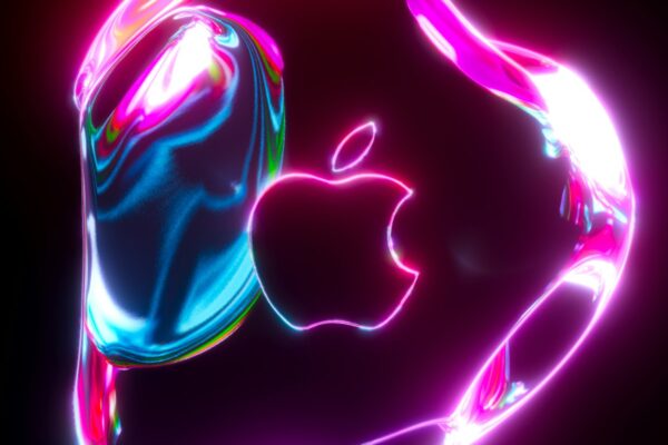 an apple logo is shown in neon colors
