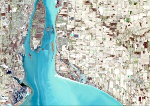 aerial view of a river and city