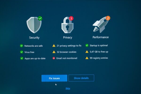 Security, privacy, and performance status with fix options.